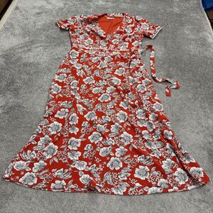 Chelsea 28 Belted Wrap Midi Dress Womens XL Red White Floral Short Sleeve NWOT